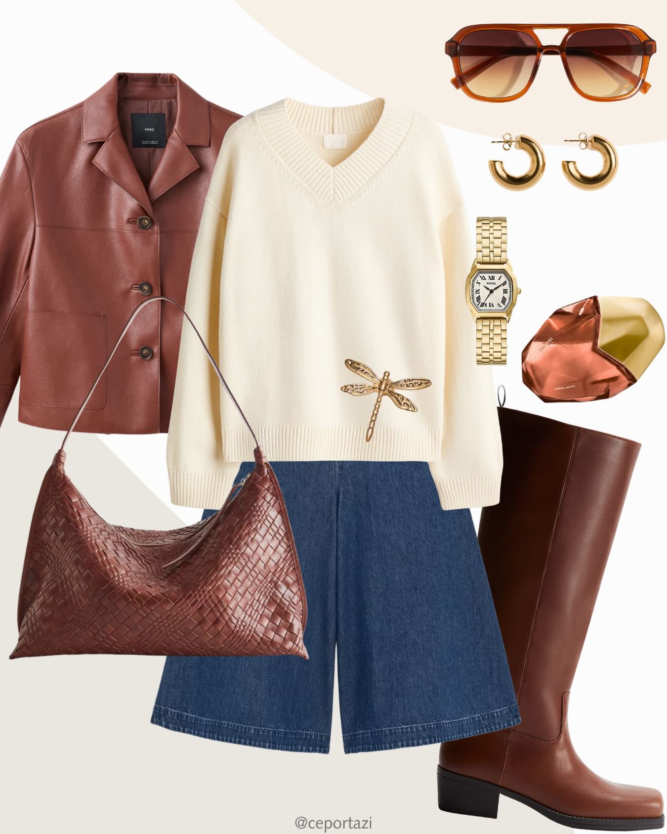 A Cream Knit and Leather Jacket with Denim Shorts for Rich Neutral Style