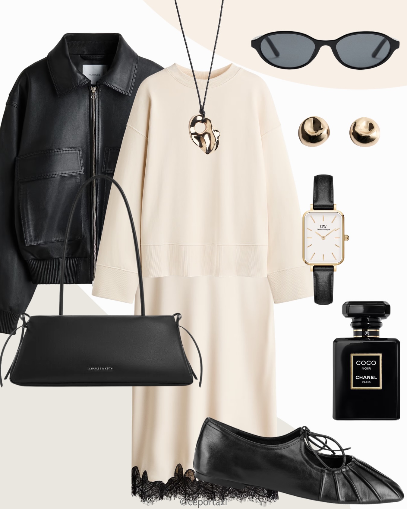 A Black Leather Jacket over a Cream Dress for Modern Contrast