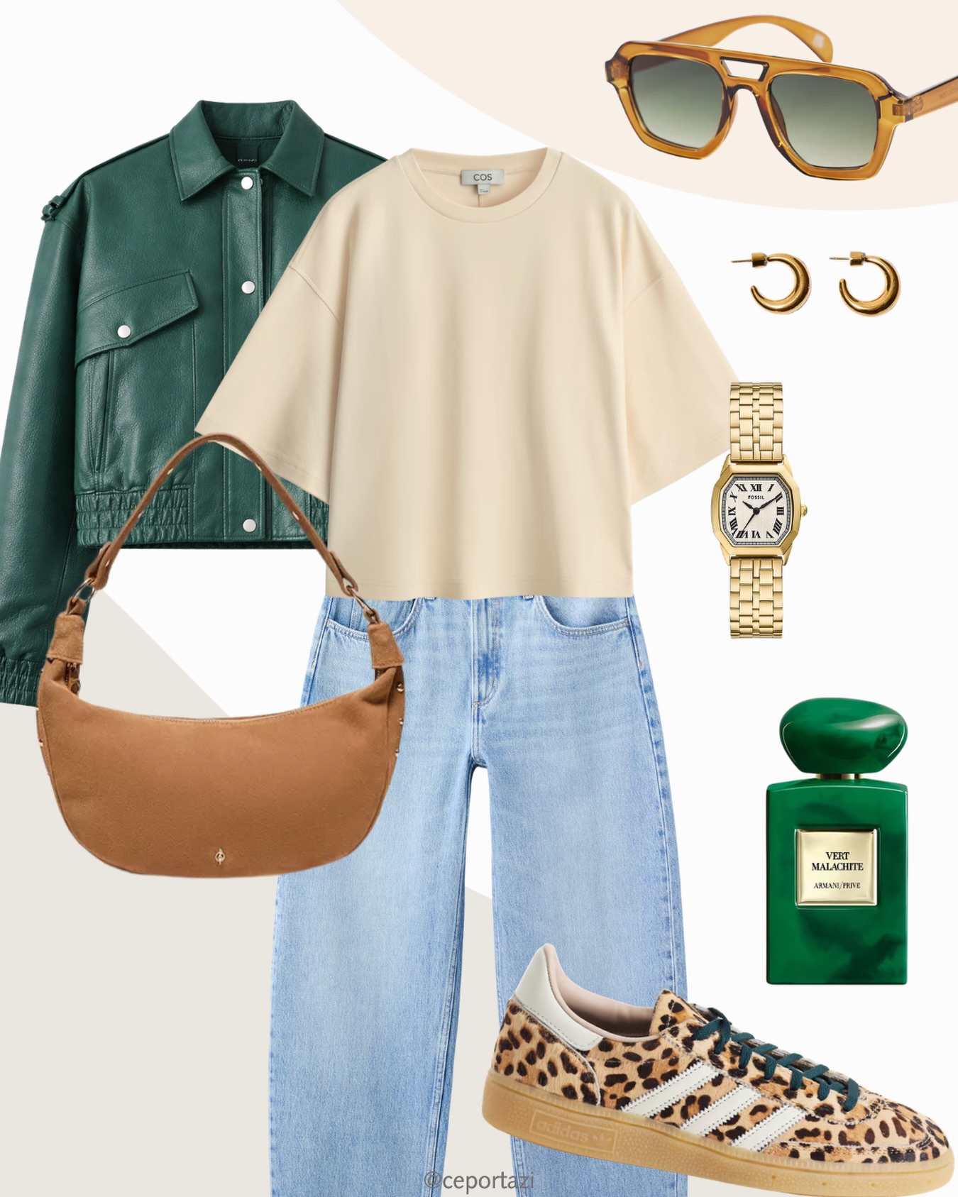 A Green Leather Jacket with Light Denim and Leopard Sneakers