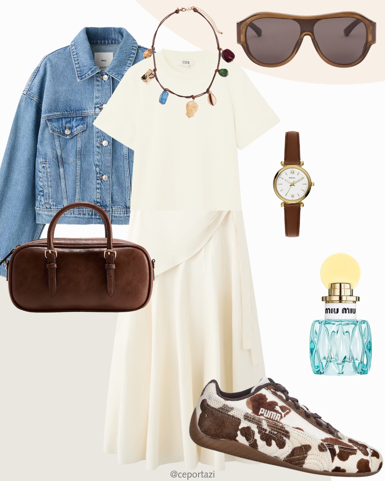 A Denim Jacket over a Cream Dress with Playful Accessories